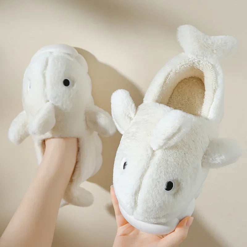 Cute Whale Cotton Slippers for Women Winter Couple Indoor Home Furnishings Home Furnishings for Winter Cartoon Hairy Slippers