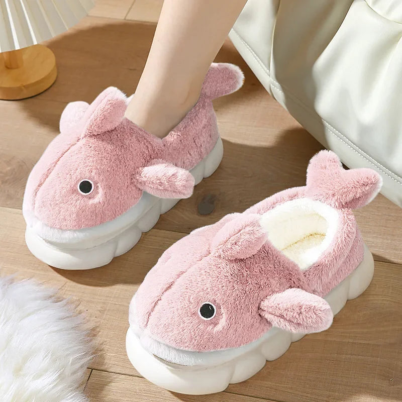 Cute Whale Cotton Slippers for Women Winter Couple Indoor Home Furnishings Home Furnishings for Winter Cartoon Hairy Slippers