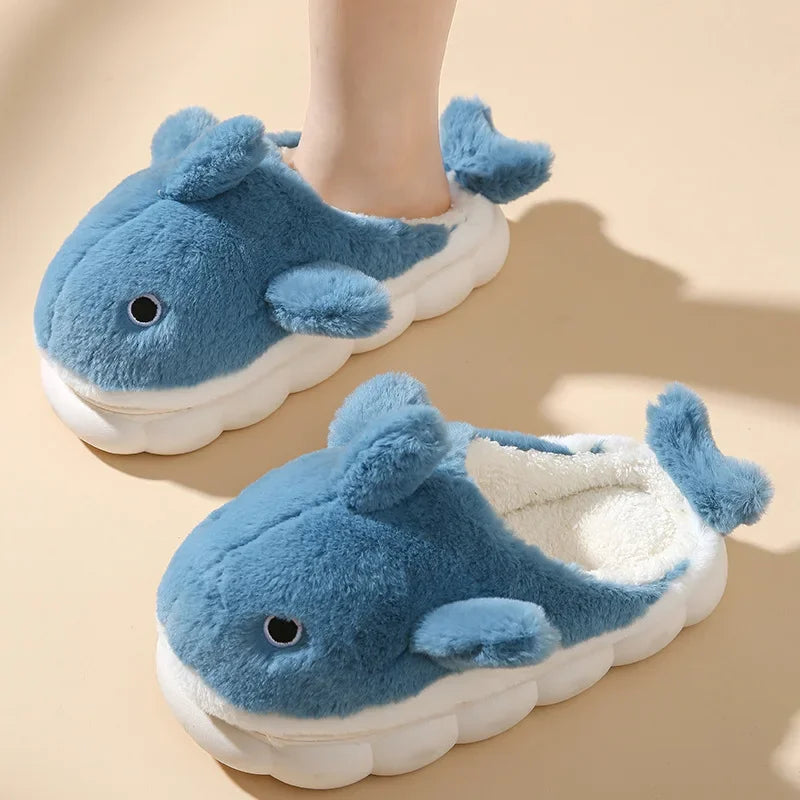 Cute Whale Cotton Slippers for Women Winter Couple Indoor Home Furnishings Home Furnishings for Winter Cartoon Hairy Slippers