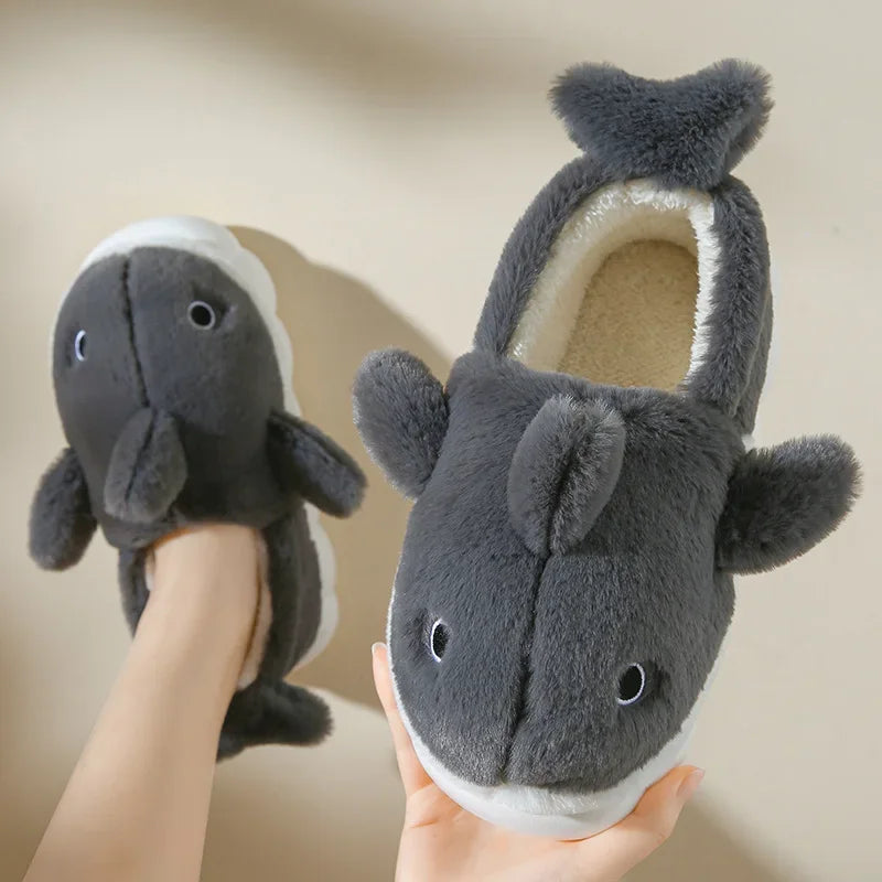 Cute Whale Cotton Slippers for Women Winter Couple Indoor Home Furnishings Home Furnishings for Winter Cartoon Hairy Slippers