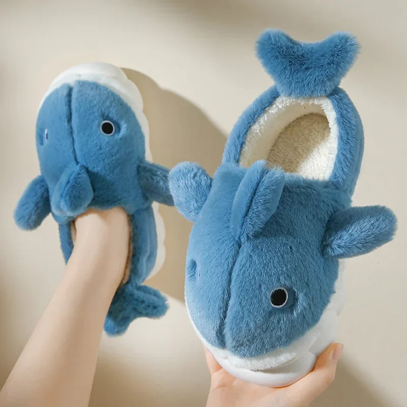 Cute Whale Cotton Slippers for Women Winter Couple Indoor Home Furnishings Home Furnishings for Winter Cartoon Hairy Slippers